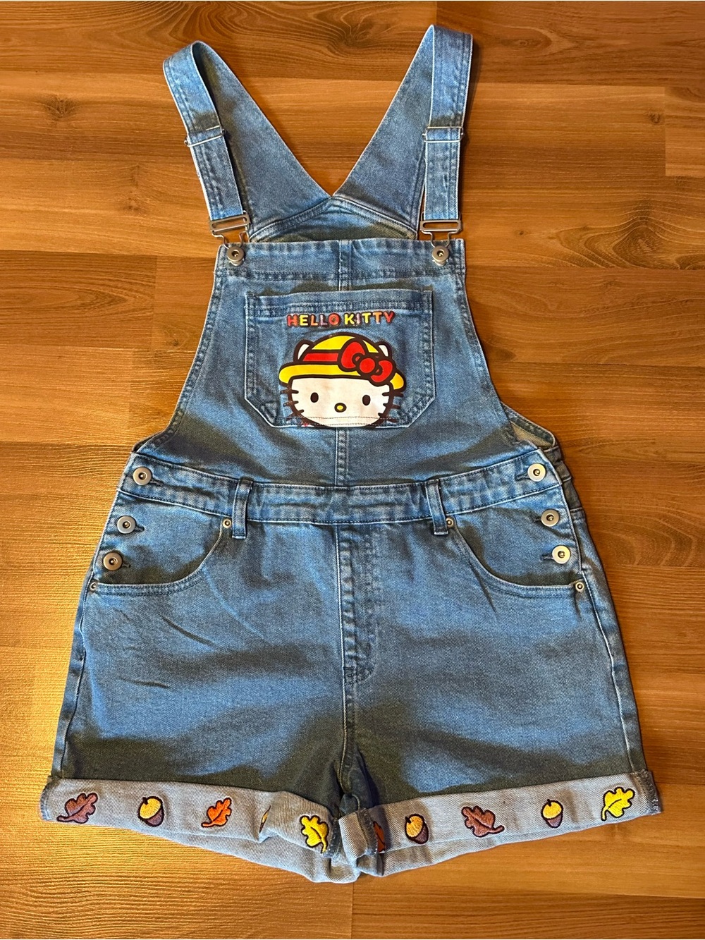 Hello Kitty Denim Short Overalls with Colorful Appliques - Blue